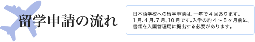 留学申請の流れ日本語学校への留学申請は、一年で4回あります。1月、4月、7月、10月です。入学の約4〜5ヶ月前に、書類を入国管理局に提出する必要があります。